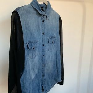 Topshop Denim Button-Down with Black Mesh Sleeves